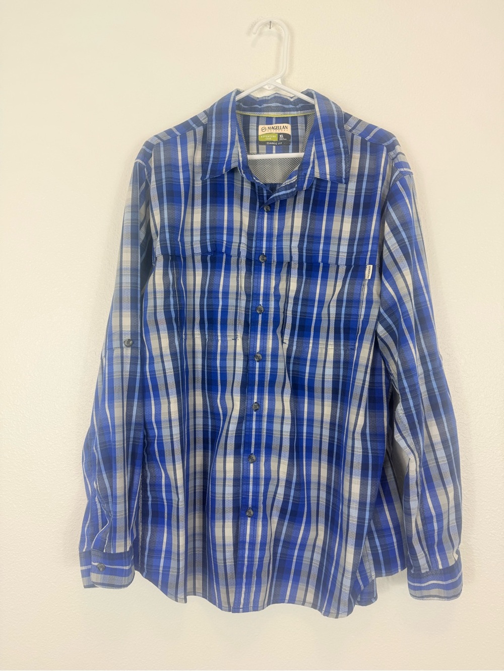 Magellan Outdoors Adventure Blue & Gray Plaid Button-Down Shirt Classic Fit XL